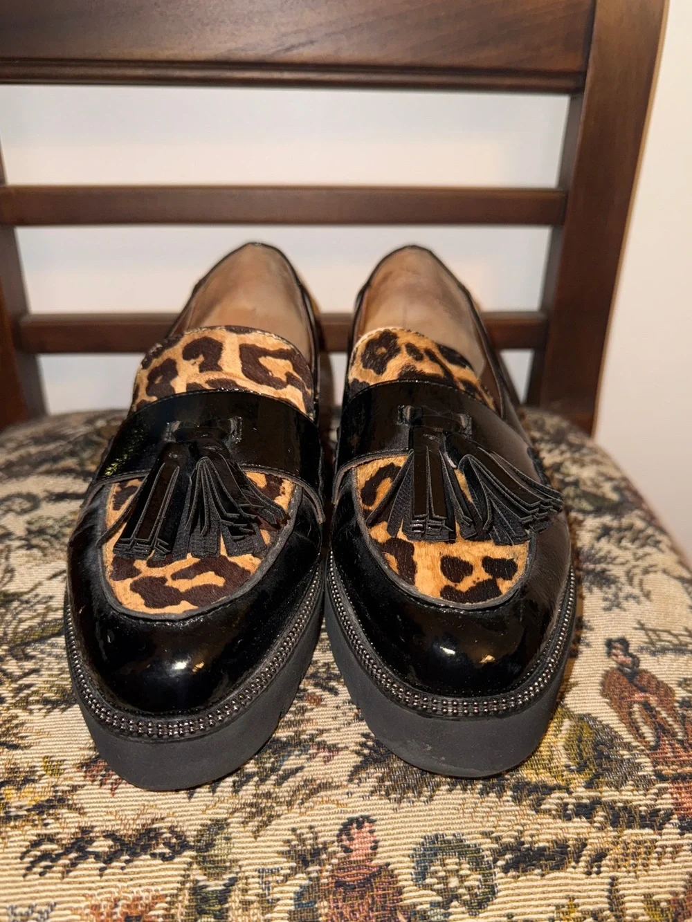 Franco Sarto Black Patent Leather Loafers with Leopard Print
